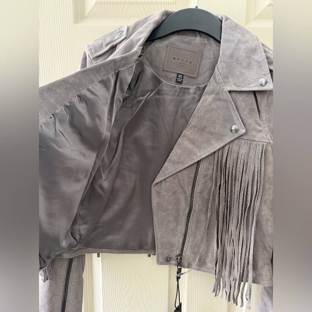 🩶 Blank NYC x Free People Fringe Moto Jacket 100% Real Leather Boho Chic - Picture 7 of 9